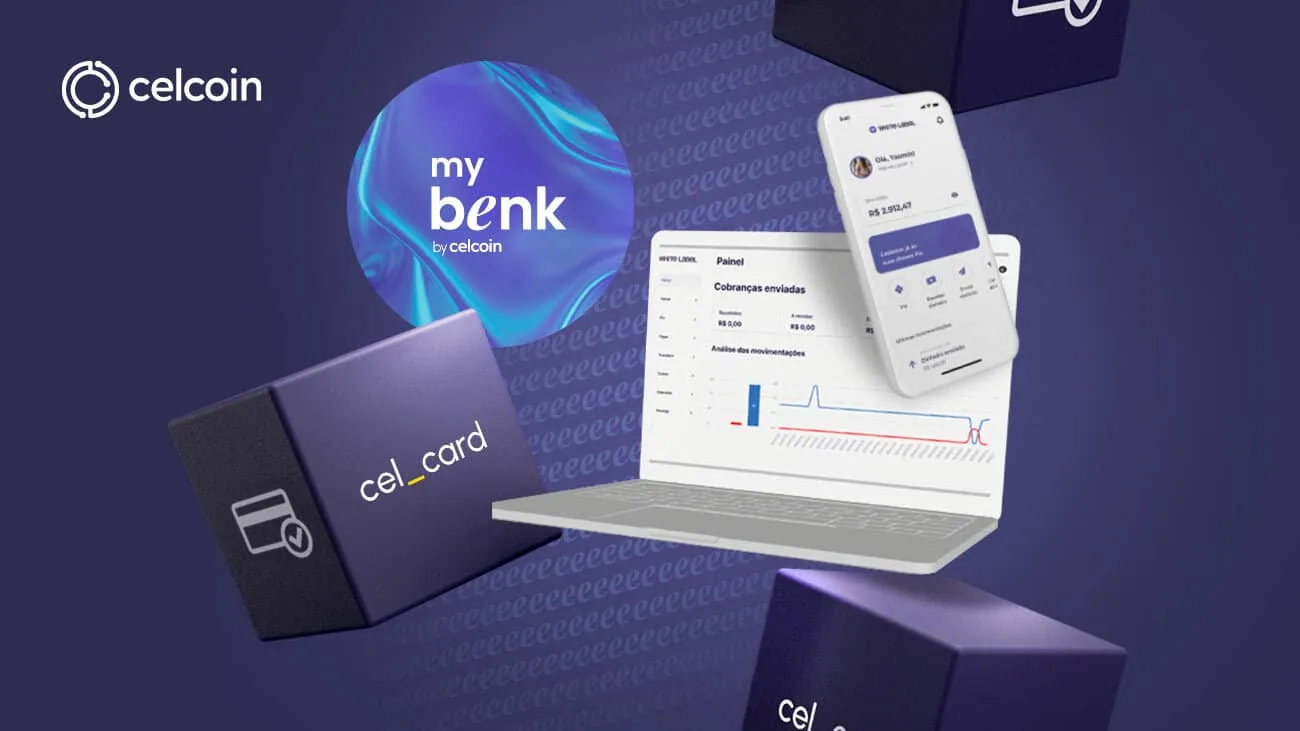 Arte do MyBenk, da Celcoin: um cartão preto e a frase “Seu banco com a sua cara”.
